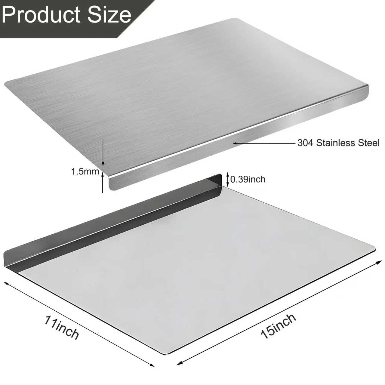 L-Shaped Stainless Steel Cutting Board for Kitchen 15×11" Lip Non-Slip Dishwasher Safe Double-Sided Use for Suitable for Meat, Fruits, Vegetables, Bread