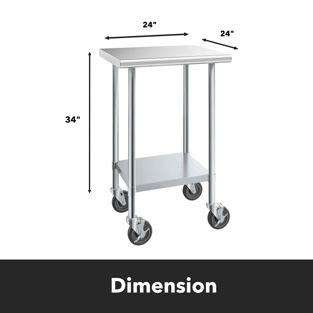 24" x 24" Stainless Steel Work Table with Undershelf and Casters, 430 Stainless Steel Commercial Table, 18 Gauge Metal Kitchen Food Prep Table, Heavy Duty Metal Utility Table, NSF Kitchen Island Cart