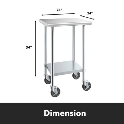 24" x 24" Stainless Steel Work Table with Undershelf and Casters, 430 Stainless Steel Commercial Table, 18 Gauge Metal Kitchen Food Prep Table, Heavy Duty Metal Utility Table, NSF Kitchen Island Cart