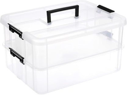 JUXYES Stackable Storage Box - 2-Tier Transparent Bin with Handle for Office & School Supplies