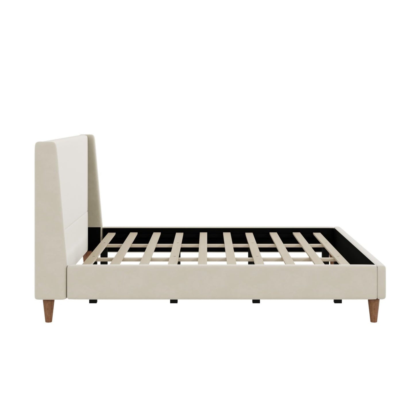Merax Solid Wood King Size Velvet Bed Frame with Wingback Headboard, Modern Upholstered Platform with Walnut Wooden Legs, Strong Wooden Slats, No Box Spring Needed, Beige