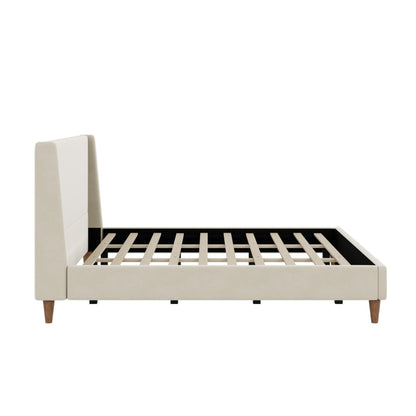 Merax Solid Wood King Size Velvet Bed Frame with Wingback Headboard, Modern Upholstered Platform with Walnut Wooden Legs, Strong Wooden Slats, No Box Spring Needed, Beige
