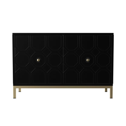 Hassyee Modern Design Two Carved Door Accent Cabinet with Metal Base, Space Saving Floor Display Cabinet for Stemware, Board Games, or Movie Collection