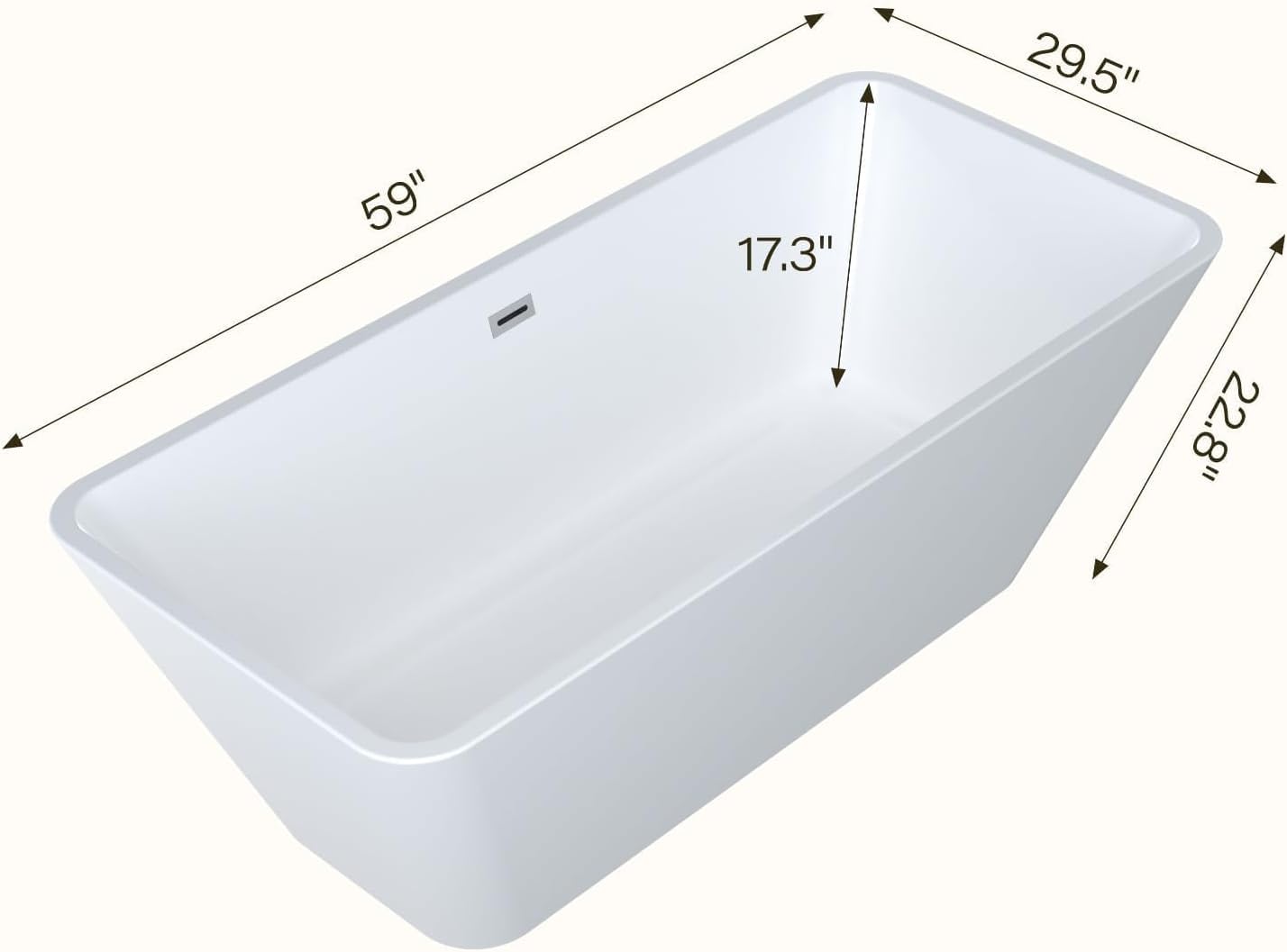 59" Acrylic Freestanding Soaking Bathtub, Matte Drain & Black Overflow, Modern Design Tub for Home Bathroom Renovations, Glossy White
