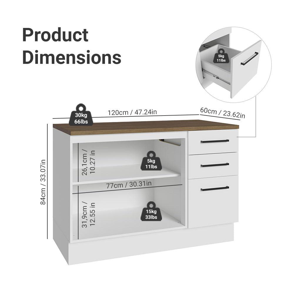 Madesa Hazel Kitchen Storage Buffet Base Cabinet with Adjustable Feet 47 Inch Engineered Wood Slab Doors Painted Finish Floor Mount Removable Plinth - White