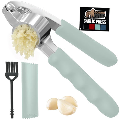 GORILLA GRIP Garlic Press and Peel Set, Heavy Duty Mincer Tool, Large Ergonomic Handle, Easily Mince and Crush Garlics, Ginger, Nuts, Seeds, Peeler Included, Peeling Cloves, Kitchen Gadgets, Mint