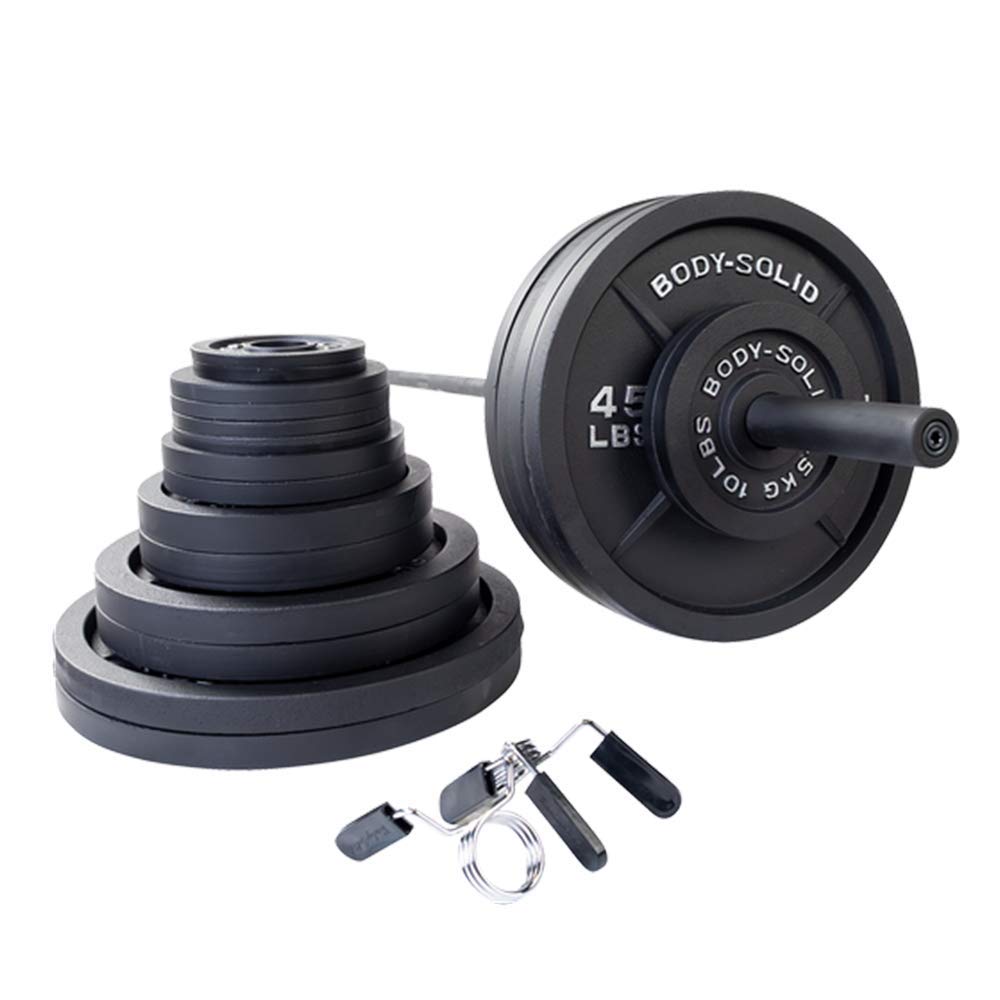 Body-Solid (OSB455) Cast Iron Olympic Weight Plate Set, Free Weights Dumbbell Plates with 2 Inch Standard Hole for All Olympic Barbell Types, 455 lb Total Weight Sets, Black