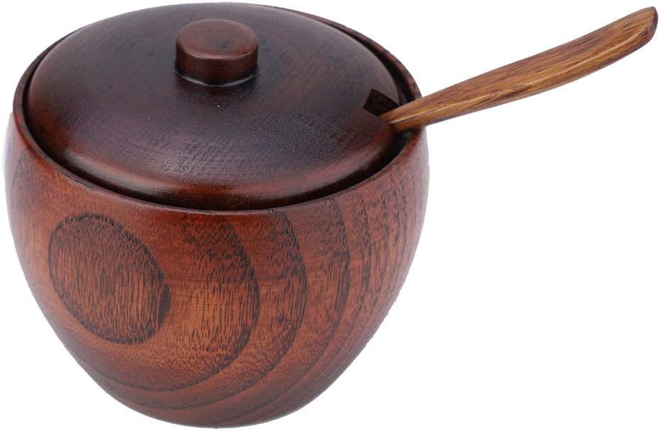 Solid Wood Sugar Bowl, Salt Box with Lid and Spoon - Kitchen Seasoning Containers