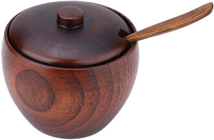 Solid Wood Sugar Bowl, Salt Box with Lid and Spoon - Kitchen Seasoning Containers