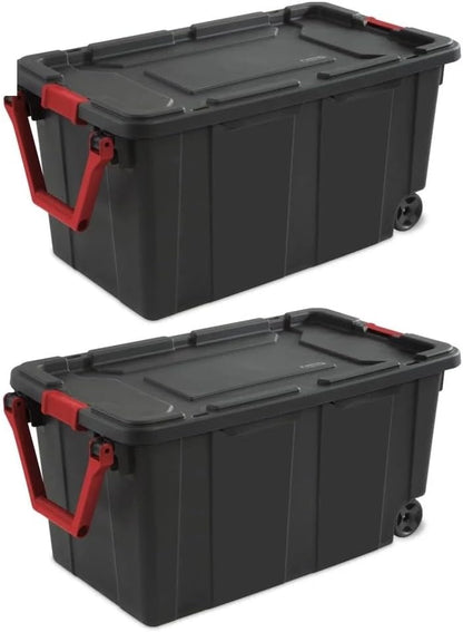 40 Gallon Wheeled Industrial Tote - Durable Black Plastic Storage Bin | Set of 2