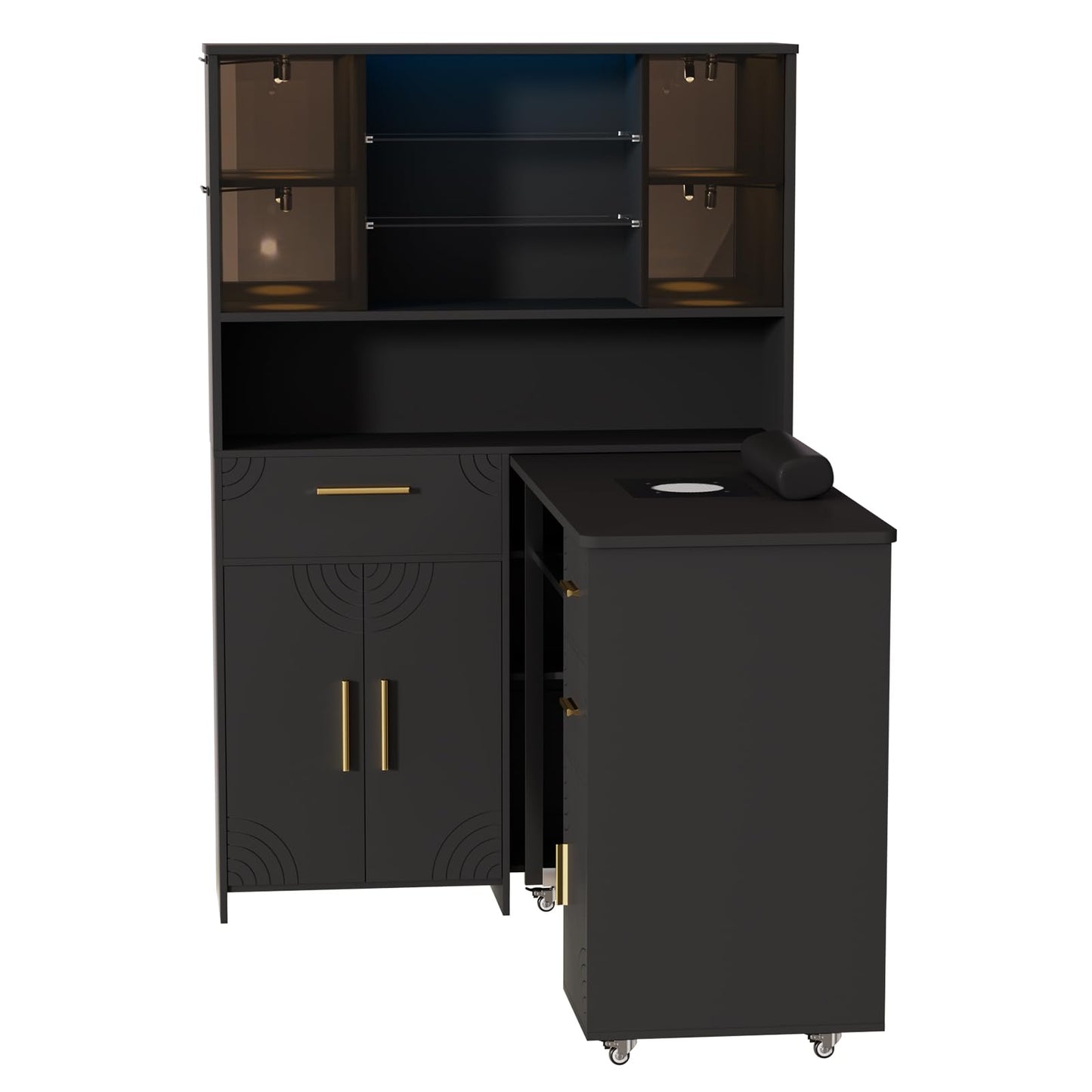Oakvera Manicure Table with LED Display Cabinet, Mobile Nail Tech Desk Built-in Dust Collector, Nail Station with Double Tabletop, 3 Adjustable Shelves, Open Storage, Drawers & Cabinets, Black
