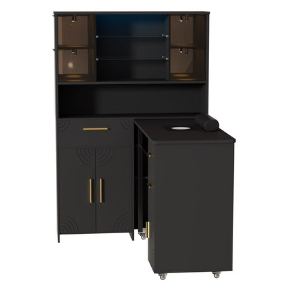Oakvera Manicure Table with LED Display Cabinet, Mobile Nail Tech Desk Built-in Dust Collector, Nail Station with Double Tabletop, 3 Adjustable Shelves, Open Storage, Drawers & Cabinets, Black