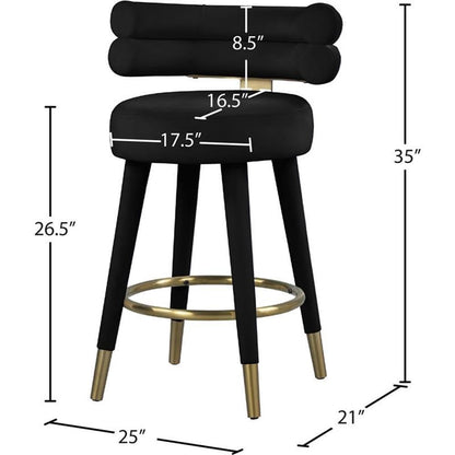 Meridian Furniture 798Black-C Fitzroy Collection Modern | Contemporary Velvet Upholstered Counter Stool with Deep Channel Tufted Back and Gold Metal Capped Legs, Black, 25" W x 21" D x 35" H, Set of 2
