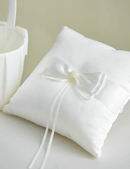 Wedding Flower Girl Basket and Ring Bearer Pillow Set - Simple Bow Pearl Collection, Ivory