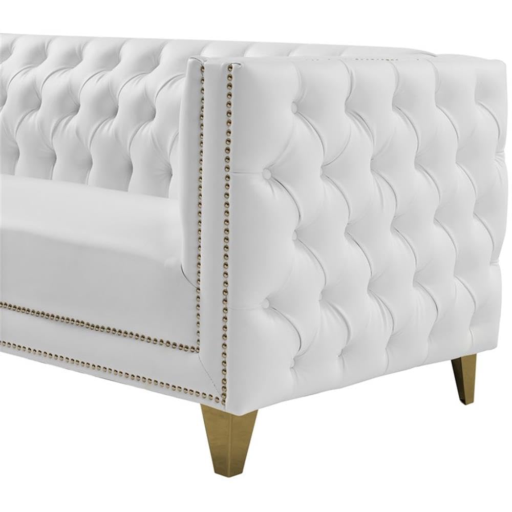 Meridian Furniture 651White-S Michelle Collection Modern | Contemporary Sofa with Deep Button Tufting, Gold Nailhead Trim and Sturdy Gold Iron Legs, White Vegan Leather, 90" W x 34" D x 30" H