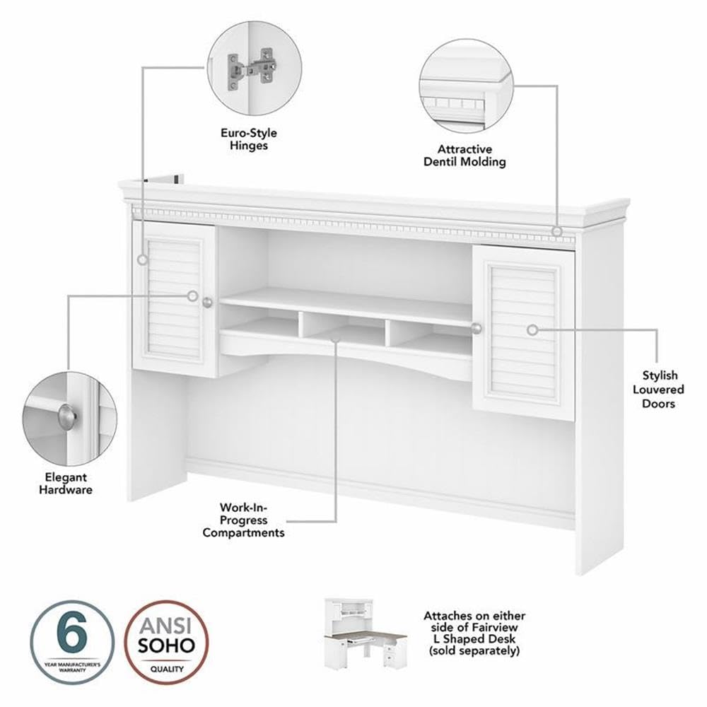 Bush Home Fairview 60W Hutch for L Shaped Desk in Pure White and Shiplap Gray