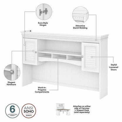 Bush Home Fairview 60W Hutch for L Shaped Desk in Pure White and Shiplap Gray