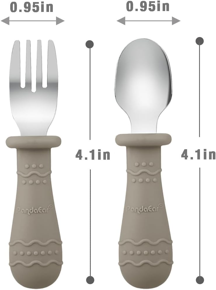 PandaEar Kids Utensils Set - 6 Pack Stainless Steel & Silicone Spoons and Forks | Dishwasher Safe (Blue/Brown/Red)