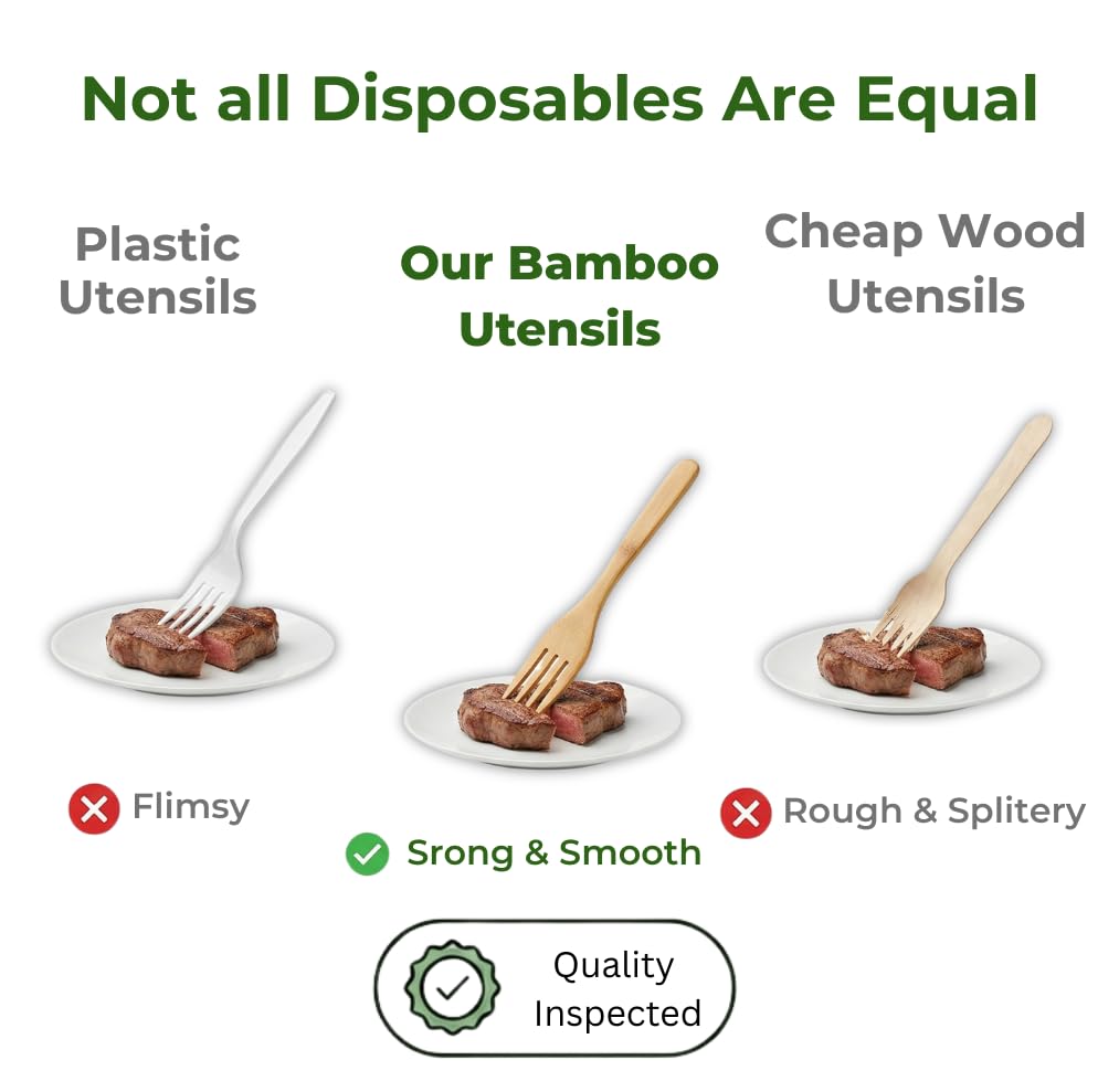 Pre Rolled Napkin and Bamboo Cutlery Set - 50 Pack Bamboo Utensils Wooden Cutlery 50 Forks 50 Knives 50 Spoons 50 Napkins, Pre Wrapped Disposable Silverware Cutlery for Party, Wedding, Events