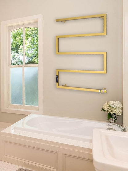 Towel Warmer Rack for Bathroom with Timer/Fahrenheit Temperature Control Wall Mounted Electric Heated 5 Bar Rail Plug-in or Hardwired Keep Bath Shower Towel Warming (Brushed Gold)