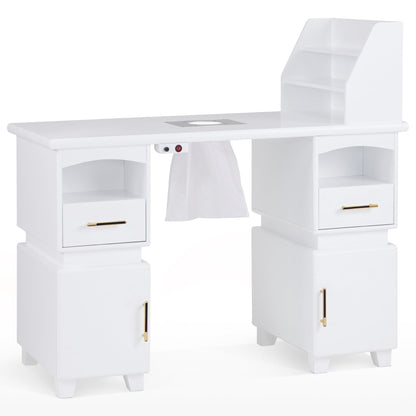 BarberPub Professional Nail Station Desk Manicure Table with Electric Dust Collector, Nail Makeup Desk with Shelves, Storage Beauty Salon Workstation with 4 Drawers Storage Cabinets VC258 (White)