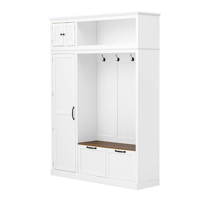 Merax 3-in-1 Hall Tree with Overhead Storage Cabinet, Adjustable Side Shelves,4 Hooks,2 Spacious Drawers,Grooved Back Panel Design, Contrasting Seat Bench,Multifunctional Entryway Organizer, White