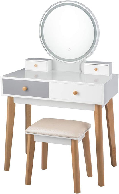 Vanity Set, Touch-Screen LED Round Mirror, Dressing Table with Cushioned Stool, 4 Storage Drawers &Spacious Desktop, 3 Adjustable Light Colors, Makeup Table and Stool Set for Women Girls, White + Gray
