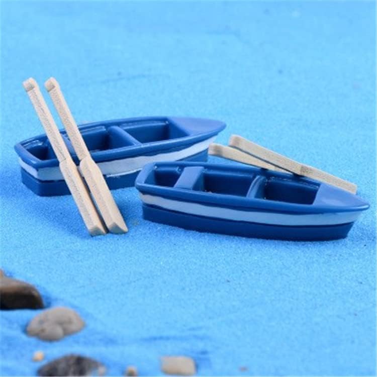 YXQ Miniature Blue Rowboat Set, 2 Little Resin Canoe Models with Oars for Cake Decoration