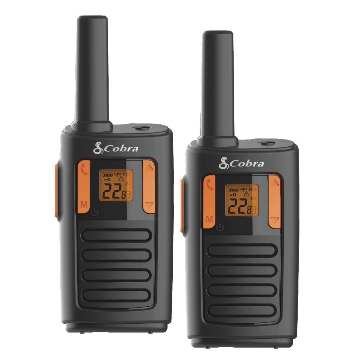 Cobra RX680 Walkie Talkies (2-Pack) - Rugged & Splashproof Two Way Radios Long Range, IP54 Water Resistant Design, 60 Pre-Programmed Channels, Weather Alerts, Included Charging Dock (Black/Orange)