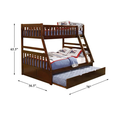 Pemberly Row Wood Twin Over Full Bunk Bed with Trundle Bed/Top Bed Guard Rail/Box Spring Not Required/Cherry Brown
