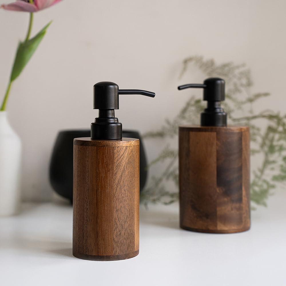 MIGAKU HOME Walnut Wood Soap Dispenser with Pump, Funnel & Label, Refillable Hand Soap Dispenser for Bathroom & Kitchen, Cylinder Design, Rustic Countertop Decor(7oz/200ml)