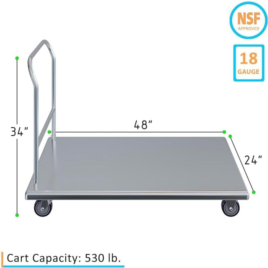 Express-KitchQuip Stainless Steel Platform Cart – 24" W x 48" L x 32" H | Heavy-Duty Flatbed Push Dolly with Handle | Utility Transport Cart for Commercial Kitchens, Warehouses, and Storage