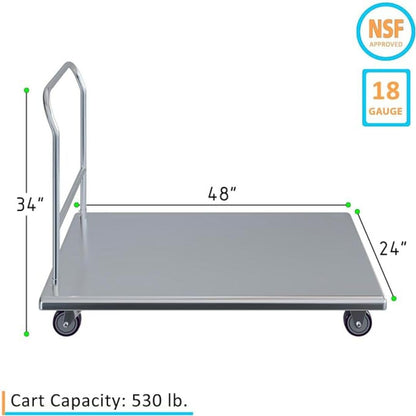 Express-KitchQuip Stainless Steel Platform Cart – 24" W x 48" L x 32" H | Heavy-Duty Flatbed Push Dolly with Handle | Utility Transport Cart for Commercial Kitchens, Warehouses, and Storage