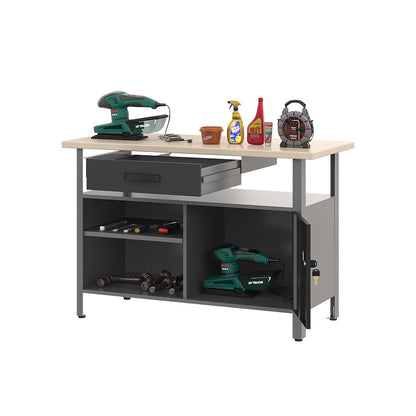 JZD Metal Workbench Table with Drawer & Lockable Cabinet, Office Desk with Wood Worktop for Garage Factory Workshop Home