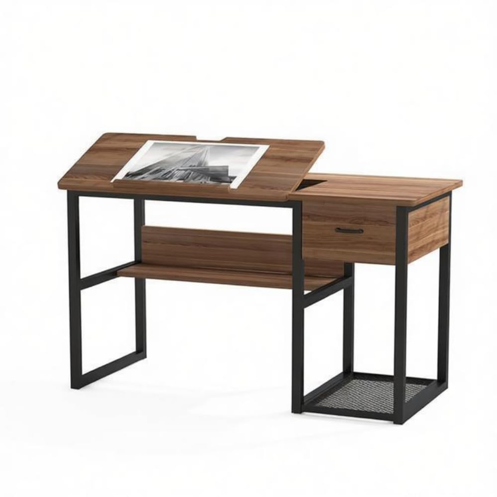 Drafting Table with Adjustable Drawing Board, Storage Drawer and Shelves, Wood and Metal, 47.24 x 23.62 x 29.53 Inch