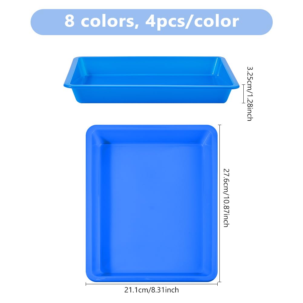 DICOSMETIC 32Pcs 8 Colors Plastic Art Trays Colorful Craft Activity Trays 10.87×8.31×1.28 Inch Activity Serving Tray for Painting Beads Crafts DIY Projects