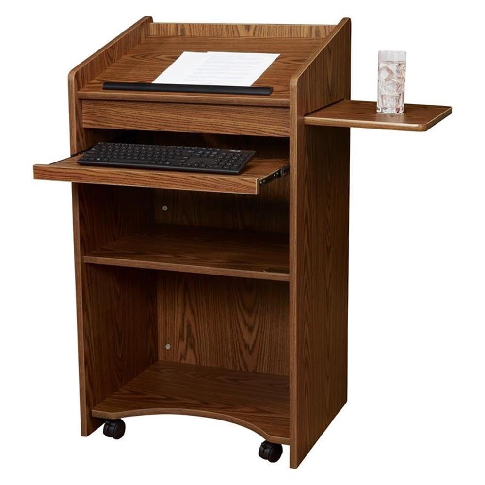 Pemberly Row Aristocrat Modern Wood Lectern, Non-Sound Podium with Slide-Out A/V Shelf & Storage, Medium Oak