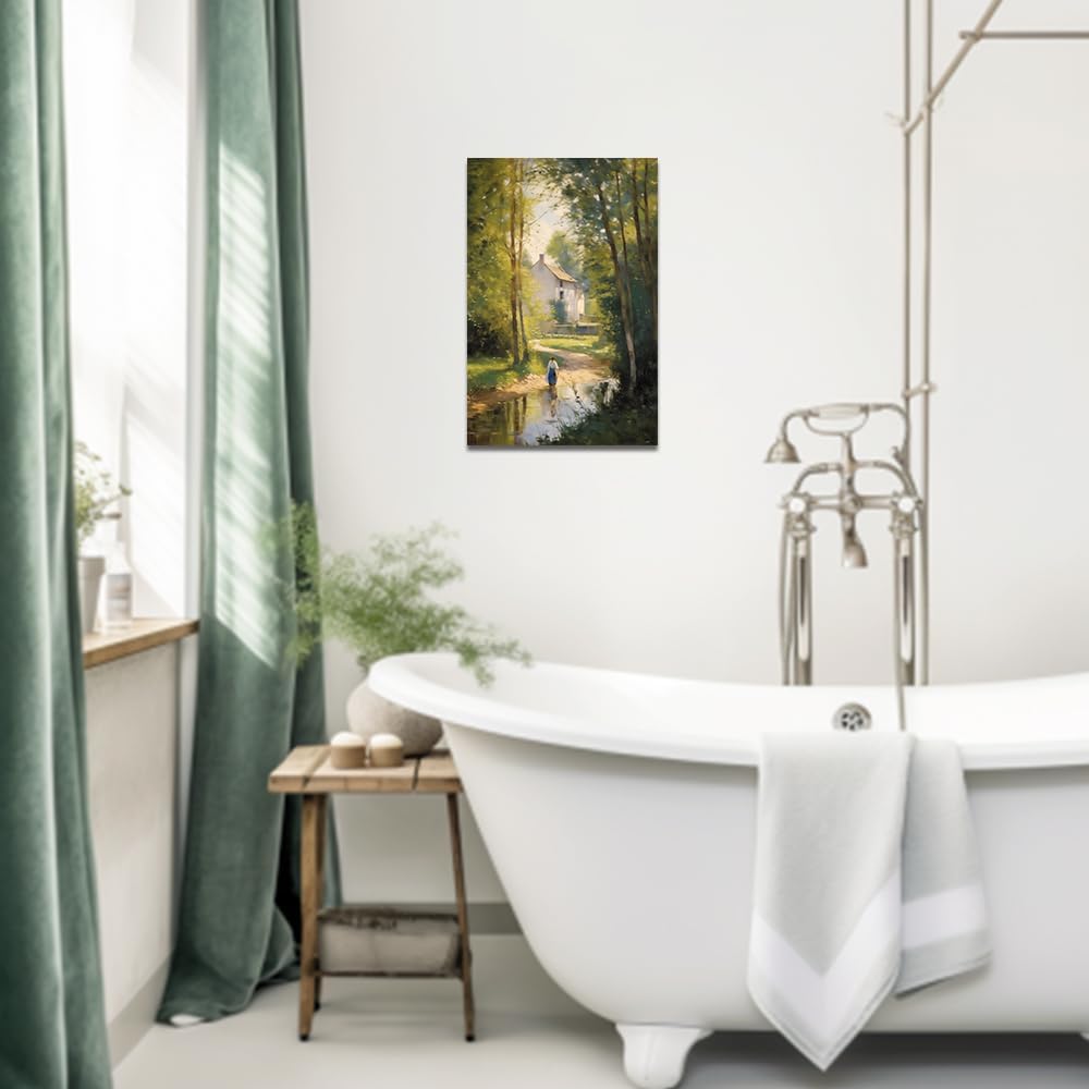 QIXIANG Spring Canvas Wall Art Green Forest Tree River Picture Prints for Living Room Decor (12.00" x 18.00")