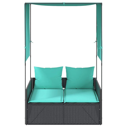 Roanoer Outdoor Double Chaise Lounge Set Black PE Rattan Patio Sofa with Retractable Canopy & Privacy Curtains 17 x 18.3 x 29 in Sunbathing Recliner for Garden Poolside Backyard