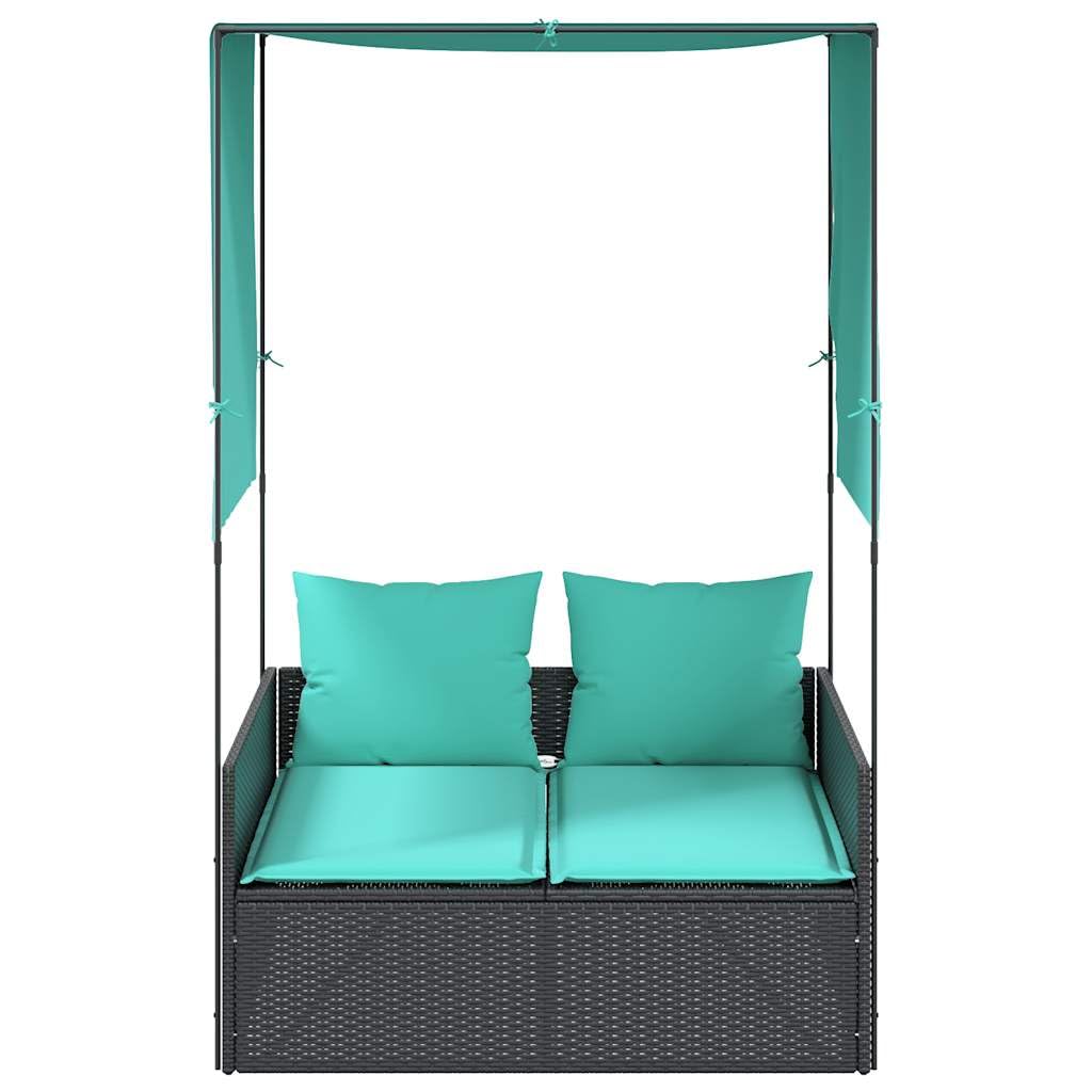 Favemtsl Double Outdoor Lounge Chair Black PE Rattan 17x18.3x29 in with Adjustable Canopy & Privacy Curtains, Removable Cushions, 2-Person Sunlounger for Patio Garden Terrace