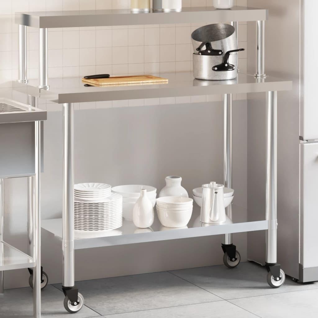 Stainless Steel Kitchen Work Table with Overshelf and Wheels, 43.3 x 21.7 Inch Commercial Prep Station for Restaurant, Home, Garage, Utility Cart