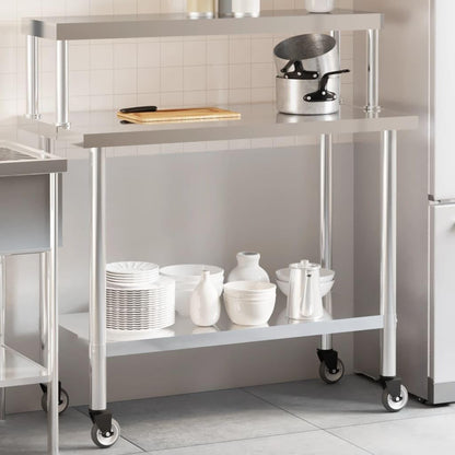 Stainless Steel Kitchen Work Table with Overshelf and Wheels, 43.3 x 21.7 Inch Commercial Prep Station for Restaurant, Home, Garage, Utility Cart