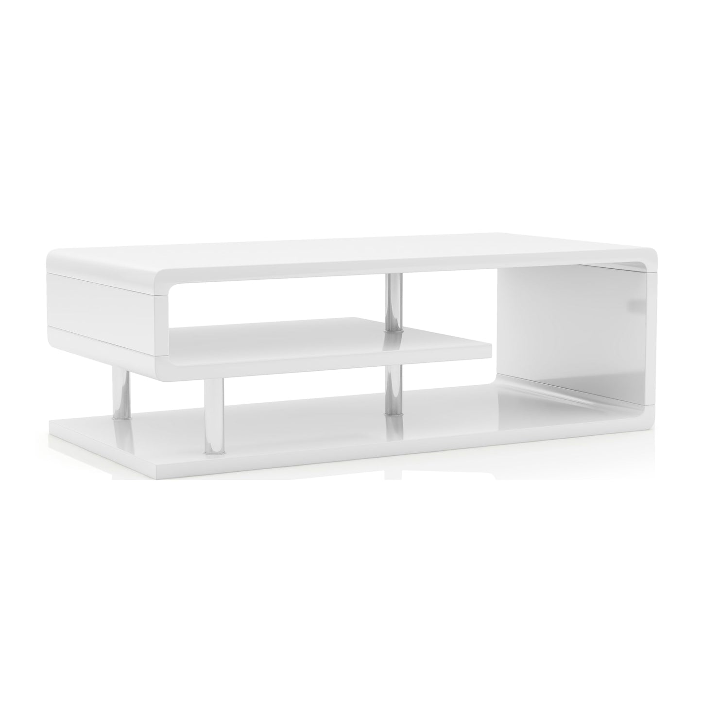 24/7 Shop At Home Vannie 47” Modern Rectangle Coffee Table, Contemporary Furniture, G-Shaped Open Shelf Storage For Living Room, Home Office, Bedroom, Gloss Coating, Round Edge, White