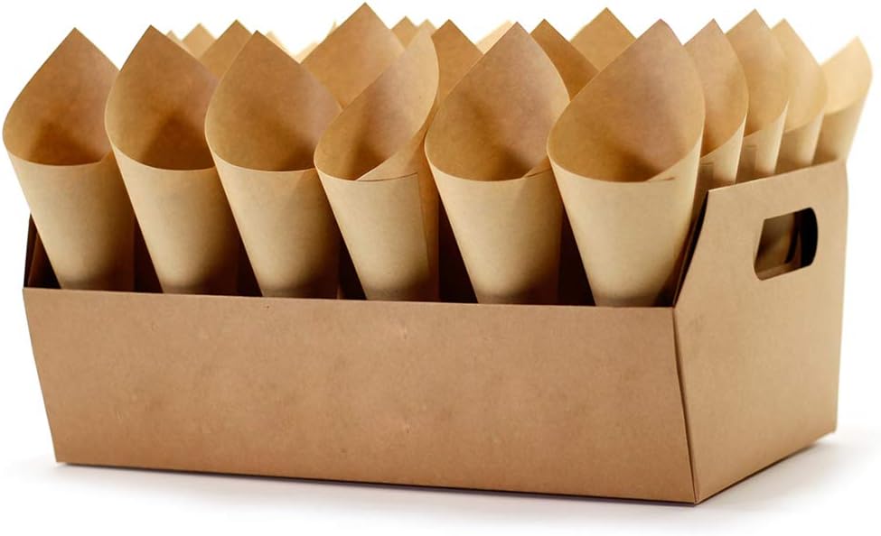 Party Confetti Cone Holder Box for Gift Box Wedding, Stand Tray Box with 30 Holes and 32 Cone Papers (Kraft-F)