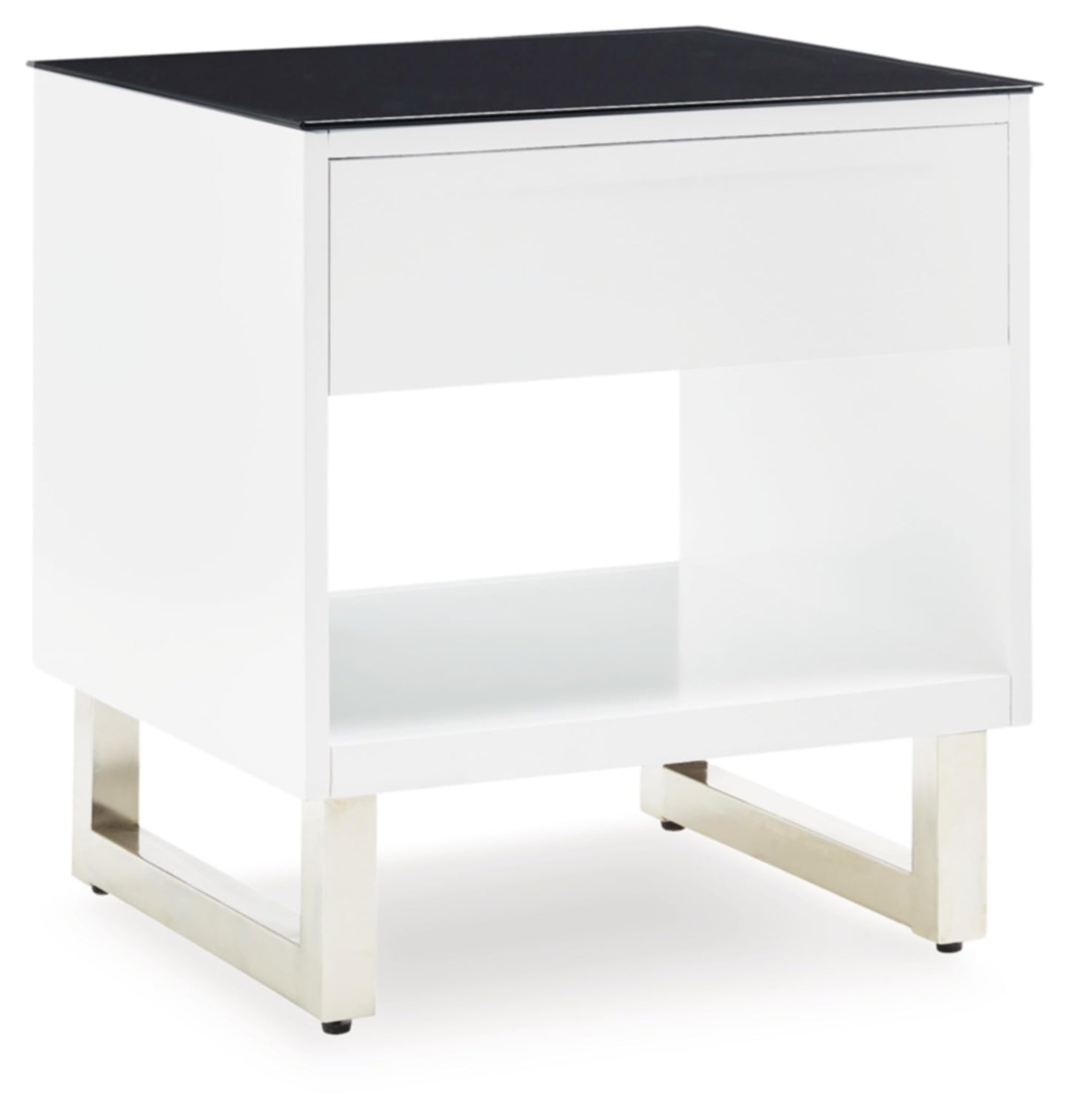 Signature Design by Ashley Gardoni Modern Glass-Tabletop End Table with 1 Drawer, Open Shelf, and High Gloss Finish, White & Black