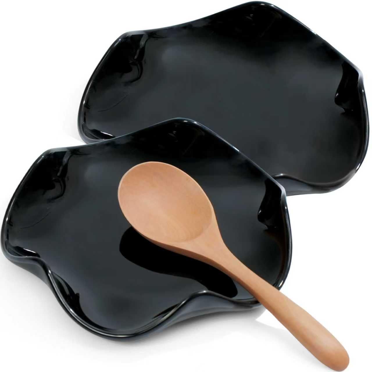 Spoon Rest for Stove Top, 5.3 Inch Ceramic Spoon Holder for Kitchen Counter, Coffee Ladle Holder, Utensil Rest for Cooking, Housewarming Gifts (2 pack black)