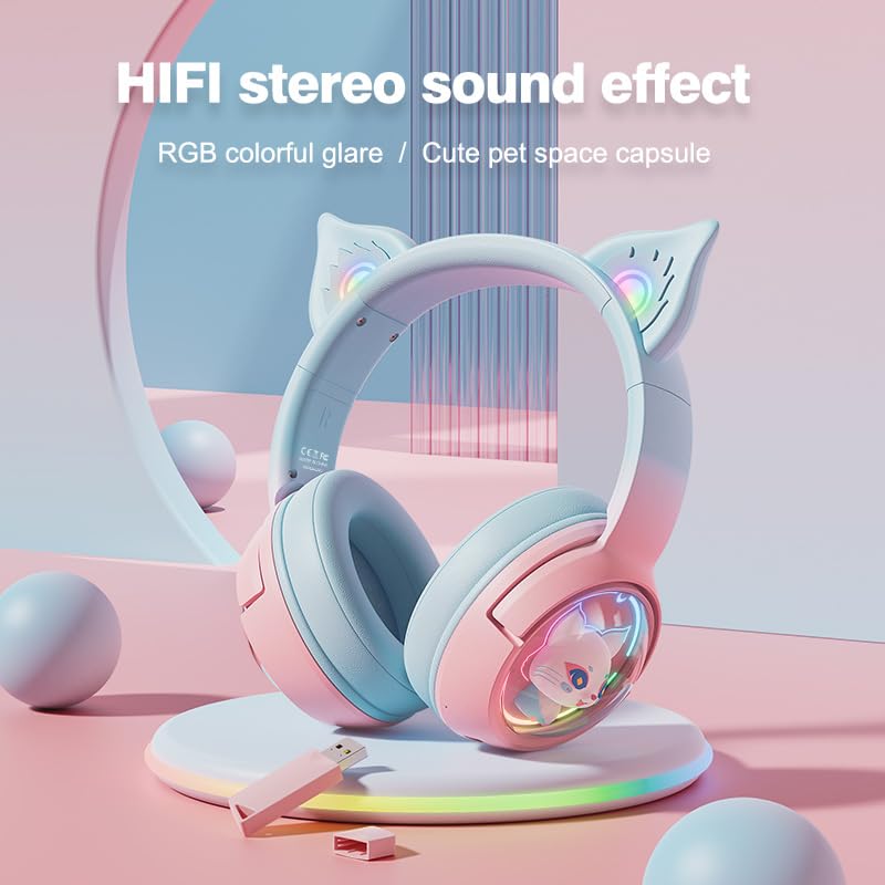 PHNIXGAM Cute Cat Bluetooth Headphones, Wireless & Wired Mode Headset with Mic, RGB LED Light, for Girls Women School Gaming, Compatible with Mobile Phones Tablet (Pink Blue)