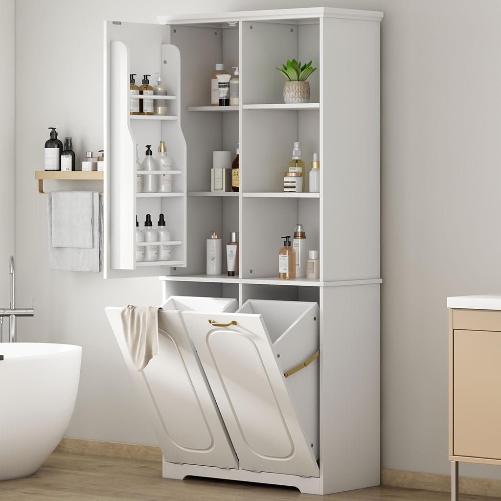 68" Bathroom Storage Cabinet with Double Tilt Out Laundry Hamper, Tall Freestanding Linen Cabinet with Adjustable Shelves & Door Organizer, Hidden Laundry Sorter for Bathroom Laundry Room, White,White