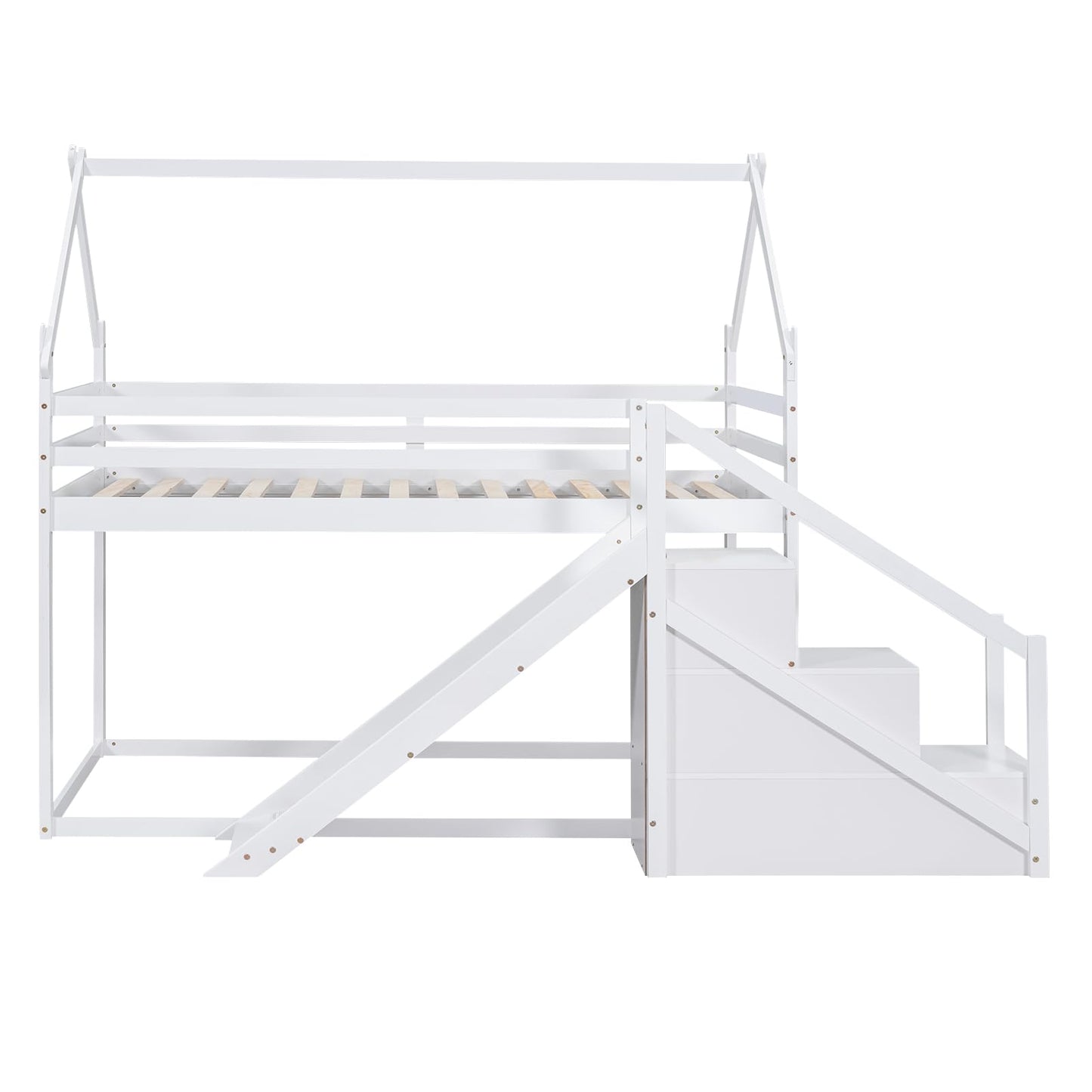 Merax Twin Over Twin Bunk Bed with Full-Length Guardrails for Teens, Boys, Girls, Wooden House Bed Frame & Slide and Storage Stairs for Children's Room, Bedroom, No Box Spring Needed, White