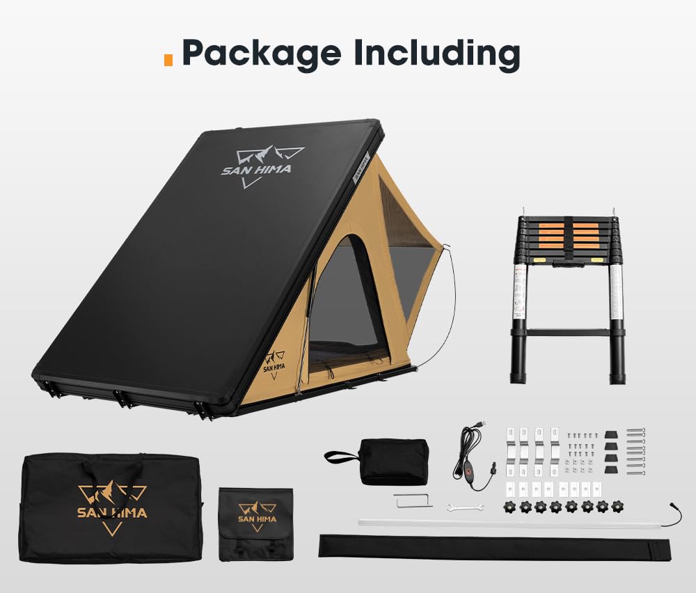 Sanhima Rooftop Tent Hard Shell - Hotham Lite Overland Aluminium Roof Top Tent 4.56" Slimline, w/Tri-Color LED Strip Light & 1.97” Thick Mattress, for Car SUV Truck Camping, 2-3 People Tent (Khaki)